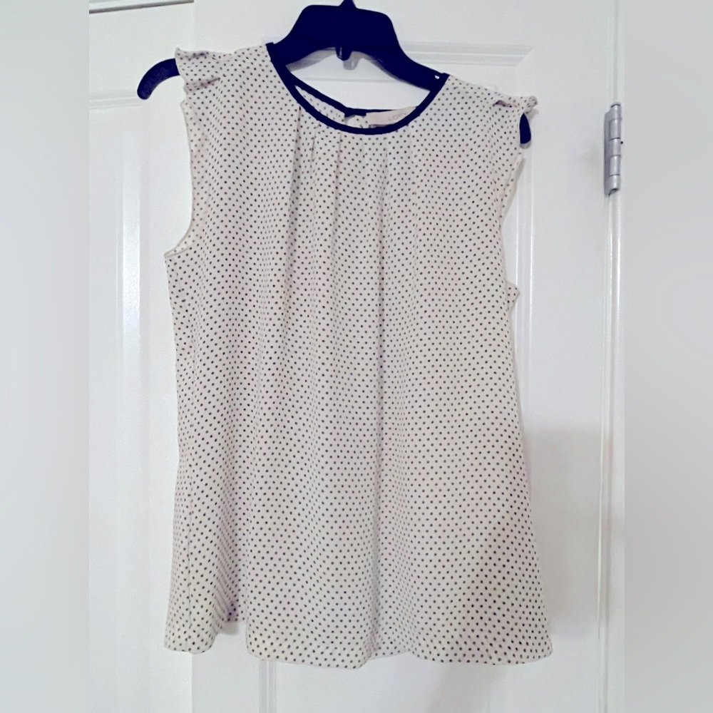 The Loft Size Small flutter sleeve top. Polka dots are a muted olive green
